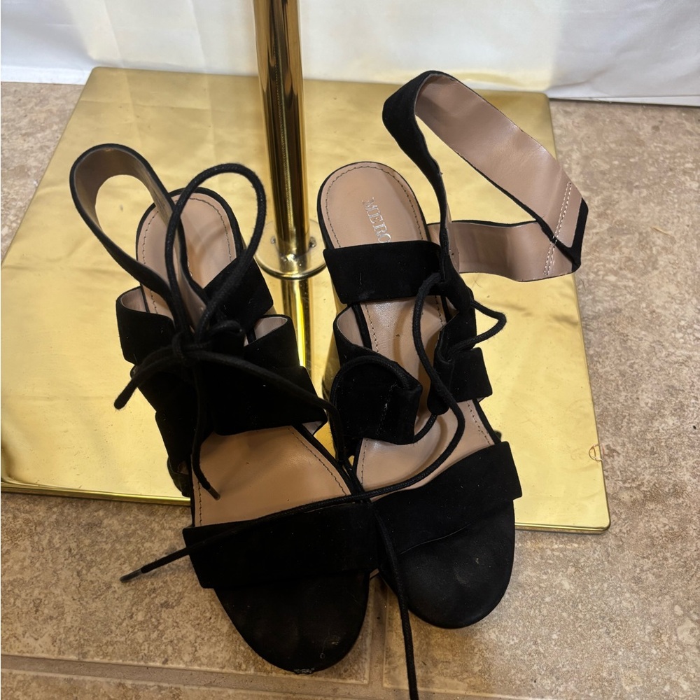 Merona Black‎ Lace Up Block Heel Sandals Strappy Heels Women’s